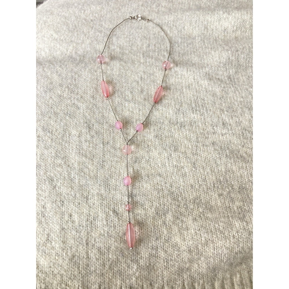 Pink Beaded Y Necklace Silver Tone Chain Dainty Lariat Pendant Whimsical Fairy